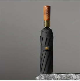 Resim Willowhaven Siyah 10 İplikli Rüzgar Geçirmez Otomatik Şemsiye Ahşap Sap Ve Logo Yazı 