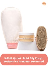 Resim LET'SCRUB Selülit Karşıtı Cilt Bakım Seti Vücut Peelingi Banyo Kesesi Doğal At Kılı Selülit Fırçası 