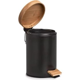 Resim Bambu Kapaklı Metal Çöp Kovası - Hidrolik Sistemli Yavaş Kapanma Özellikli, Pedallı, Banyo ve Mutfak Için Şık ve Fonksiyonel Tasarım (Siyah, 3 Litre) 