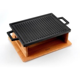 Resim Lava Döküm Dikdörtgen Çift Yön Izgara Hot Plate Döküm Demir Yekpare Çift Kulplu Kayın Servis Ahşabı 