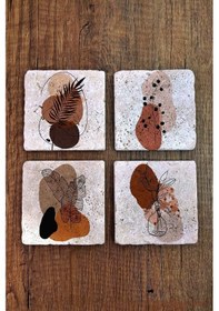 Resim Doğal Taş Bardak Altlığı 4'lü Set - Modern Desenler Uv Baskılı Stone Coasters Çok Renkli 