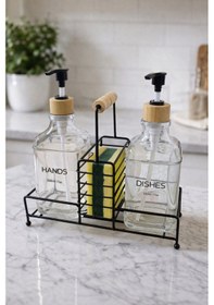 Resim Makri Home Lüks Bambu Kulplu Siyah Metal Stantlı İkili Cam Sıvı Sabunluk 500 Ml, 23x9x23,5 Cm 