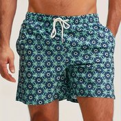 Resim Erkekler için Hızlı Kuruyan Yüzme Şortları - İpli Bel, Esnemez Polyester Yüzme Şortu, Plaj, Spor Salonu ve Tatil İçin - Turkuaz & Lacivert Kıyı Tasarımı - Kolay Bakım Plaj Pantolonları, Golf Giyimi, Geometrik Desenli, Dayanıklı Kumaş 