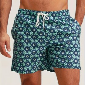 Resim Erkekler için Hızlı Kuruyan Yüzme Şortları - İpli Bel, Esnemez Polyester Yüzme Şortu, Plaj, Spor Salonu ve Tatil İçin - Turkuaz & Lacivert Kıyı Tasarımı - Kolay Bakım Plaj Pantolonları, Golf Giyimi, Geometrik Desenli, Dayanıklı Kumaş 