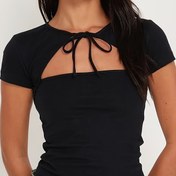 Resim Şık Polyester Karışımlı Tişört, Yuvarlak Yaka, Kısa Kol, Düz Renk, Orta Esnek Örme Kumaş, Dantel Detaylı, Yazlık 