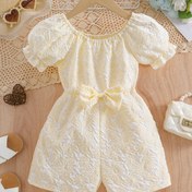 Resim Şık Kız Çocukları Çiçekli Tulum, Puf Kollu & 3D Fiyonk Detaylı - Hafif Polyester, Yazlık Dış Mekan Partileri & Hediyeler İçin İdeal, Kız Çocukları İçin Kıyafetler, Dış Mekan İçin Mükemmel 
