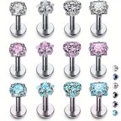 Resim 4 Parça Paslanmaz Çelik & Kübik Zirkonya Piercing Seti - Kalp, Yıldız, Kare Şekiller Labret, Dudak, Kıkırdak, Helix & Tragus Çivileri için 