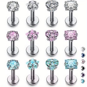 Resim 4 Parça Paslanmaz Çelik & Kübik Zirkonya Piercing Seti - Kalp, Yıldız, Kare Şekiller Labret, Dudak, Kıkırdak, Helix & Tragus Çivileri için 