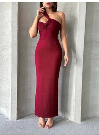 Resim Evyora Krinkıl Tek Omuz Uzun Elbise Bordo S25455 Bordo 