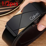Resim 1/2 Adet Calvin Erkek İş Kemeri - Otomatik Toka Tasarımı, Şık Siyah PU Deri Geometrik Desenli, Rahat ve Dayanıklı, Profesyonel ve Resmi Etkinlikler İçin Uygun 