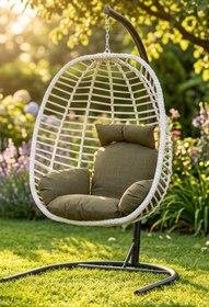 Resim KalyonHome Capri Askılı Rattan Bahçe Balkon Salıncağı - Armut Salıncak 2mm Profil Su İtici Keten Minderli 