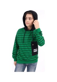 Resim Toontoy Kids Toontoy Erkek Çocuk Oversize Kapüşonlu Düşük Omuz Baskılı Çizgili Sweatshirt - Garni Detaylı & 2 İplik Çimen Yeşili 