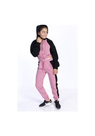 Resim Toontoy Kids Toontoy Kız Çocuk 2'li Takım Kapüşonlu Fermuarlı Sweatshirt & Beli Paçası Lastikli Cepli Jogger Eşofman Altı - Renk Bloklu & 2 İplik Gül Kurusu 