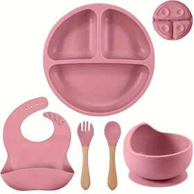 Resim 5 parça Bebek Silikon Yemek Takımı, Çatal Kaşık Ahşap Sap, Silikon Kase, Bölümlü Tabak ve Su Geçirmez Önlük, Kolay Temizlenir, Evde Olması Gereken Temel Yemek Takımı 