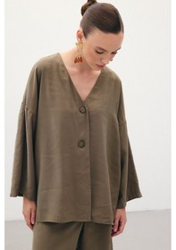 Resim Sateen Düğmeli Kimono - Haki-136357 Haki 