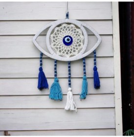 Resim Beyaz Dantelli Ponponlu Nazar Boncuklu Duvar Süsü 02-10mm 5yards 