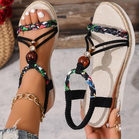 Resim Bohemian Takoz Topuklu Kadın Sandaletleri - El Dokuma Renkli Lastik Bantlar ve Açık Burun Tasarımı ile Moda Günlük Kullanım için Uygun 