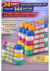 Resim 24 Adet Naylon Çamaşır İpi 6 Metre Dayanıklı Örgü Çamaşır Askı İpi Toplam 144 Metre Beyaz - Siyah 