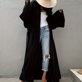 Resim SUSIEYIIN Büyük Beden Boho Kimono Geniş Kenar Şapka ile - Uzun Kollu, Düz Renk, Hafif Kumaş, Plaj ve Rahat Giyim için Mükemmel, Plaj Kapak|Boho Tarzı Kimono|Hafif Kimono 