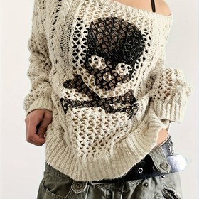 Resim Kadınlar için Kafatası & Kemik Çapraz Renkli Yarı Şeffaf Kazak - Orta Doğu Esintili Yuvarlak Yaka Günlük Üst, İlkbahar/Yazlık Elde Yıkama/Kuru Temizleme, Zarif Doku, Hafif Katmanlama, Nefes Alabilen Kumaş, Şık Bluz, Yaz Gardırop 