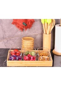 Resim Duo 300ml 6'lı Tepsili Bambu Kapaklı Cam Kahvaltılık Ahşap - Şeffaf 