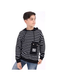 Resim Toontoy Kids Toontoy Erkek Çocuk Oversize Kapüşonlu Düşük Omuz Baskılı Çizgili Sweatshirt - Garni Detaylı & 2 İplik Siyah 