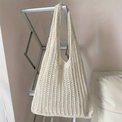 Resim Kadınlar için Büyük Kapasiteli Katlanabilir Dokuma File Omuz Çantası - Sabit Askılı, Açık Üst Tasarımlı Günlük Seyahat Tote, Dayanıklı Polyester, Haki/Beyaz, Japon-Kore Esintili Seyahat & Günlük Çanta, Seyahat Çantası, Hafif Cüzdan 