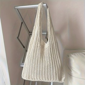 Resim Kadınlar için Büyük Kapasiteli Katlanabilir Dokuma File Omuz Çantası - Sabit Askılı, Açık Üst Tasarımlı Günlük Seyahat Tote, Dayanıklı Polyester, Haki/Beyaz, Japon-Kore Esintili Seyahat & Günlük Çanta, Seyahat Çantası, Hafif Cüzdan 