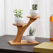 Resim Şık Bambu Bitki Standı - Küçük Saksı Bitkileri için İki Katlı Sergi Rafı, Ev, Ofis ve Balkon Dekoru için İdeal, Yuvarlak Ahşap Taban, Ev Dekoru için Yapay Bitkiler 