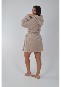 Resim Kapşonlu Unisex Wellsoft Peluş Bornozl-- L - XL-BEJ-SABAHLIK 