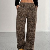 Resim Kadınlar İçin Yüksek Bel Geniş Paça Pantolon - Kemerli Bağcıklı Bel Detaylı Yer Uzunluğunda Leopar Desenli Pantolon, Bahar/Sonbahar İçin Bol Kesim Pantolon, Gündelik ve Resmi Etkinlikler İçin (Leopar Desenli Tayt) - Makinede Yıkanabilir Uzun Pantolon 