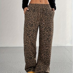 Resim Kadınlar İçin Yüksek Bel Geniş Paça Pantolon - Kemerli Bağcıklı Bel Detaylı Yer Uzunluğunda Leopar Desenli Pantolon, Bahar/Sonbahar İçin Bol Kesim Pantolon, Gündelik ve Resmi Etkinlikler İçin (Leopar Desenli Tayt) - Makinede Yıkanabilir Uzun Pantolon 