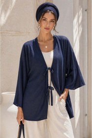 Resim Aişe tesettür Lacivert Bağlamalı Kimono Tunik Likralı Yazlık Tesettür Hırka Salaş Rahat Günlük Kombin 
