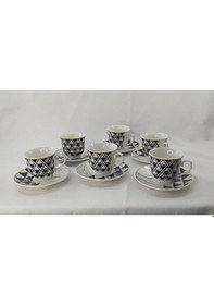 Resim Kahve Aşkı Porselen Beyaz Üzerine Siyah Üçgen Ve Altın Sarısı Detaylı 6'lı Türk Kahvesi Fincan Takımı Beyaz 