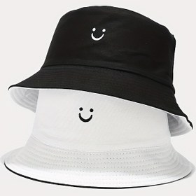 Resim Unisex Siyah ve Beyaz Balıkçı Şapkası - Mutlu Yüz Nakışlı, Çift Taraflı, Sporlu Polyester Kova Şapka, Erkekler ve Kadınlar İçin, Açık Hava Aktiviteleri İçin İdeal, Açık Hava Şapkası | Mutlu Yüz Nakışlı | Dayanıklı Başlık 