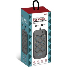 Resim Filli Kutum Termal Akım Korumalı Priz Çocuk Korumalı 6'lı 2 Metre Uzatma Kablosu 6 x Priz 3 x Usb Priz 