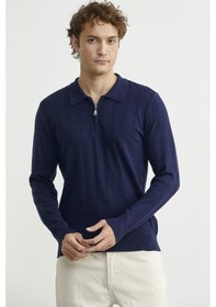 Resim Fermuarlı Polo Yaka Triko Kazak - Lacivert Lacivert 