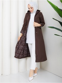 Resim RACE FASHİON Leopar Desenli Bondit Kumaş Beli Lastikli Kapüşonlu Tesettür Trençkot RC1205010 