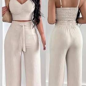Resim Kadınlar için 1 set Şık Askısız Kısa Üst ve Geniş Paça Pantolon Seti - Polyester, Düz Renk, Kolsuz, Bağcıklı Detay, Üstten Geçmeli Stil, Normal Kalıp, Dokuma - Bahar/ Sonbahar için Çok Amaçlı 