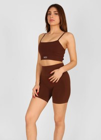 Resim Yüksek Bel Büzgülü Push-Up Spor Şort Kahverengi 