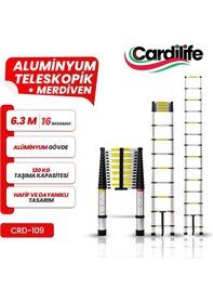 Resim Cardilife Teleskopik Alüminyum Merdiven 6.3 Mt 16 Basamak 16 Basamaklı 630 Cm Düz Uzayan Teleskopik 