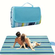 Resim 1 Paket Ekstra Büyük 203.2cm x 152.4cm Dış Mekan Piknik Battaniyesi & Plaj Matı - Kum Geçirmez Su Geçirmez Taşınabilir Süet Suni Deri Astarlı, Kamp, Yürüyüş, Festivaller için Mavi & Beyaz Çizgili Tasarım, Kamp İçin Vazgeçilmezi, Dayanıklı Çizgili Piknik Battaniyesi 