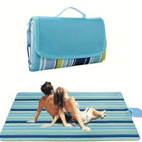 Resim 1 Paket Ekstra Büyük 203.2cm x 152.4cm Dış Mekan Piknik Battaniyesi & Plaj Matı - Kum Geçirmez Su Geçirmez Taşınabilir Süet Suni Deri Astarlı, Kamp, Yürüyüş, Festivaller için Mavi & Beyaz Çizgili Tasarım, Kamp İçin Vazgeçilmezi, Dayanıklı Çizgili Piknik Battaniyesi 