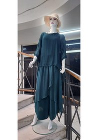 Resim Asimetrik Kapaklı Ipek Şalvar Pantolon - Yarasakolllu İpek Bluz Takım Zümrüt Yeşili 