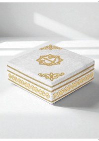 Resim Sandıklı Kişiye Özel İsimli Seccade Seti -Kadife Kaplı Kuranı Kerim Seti - Beyaz Beyaz 