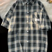 Resim Erkek Vintage Plaid Kısa Kollu Gömlek - Bol Kesim, Düğmeli Yaka, Esnek Olmayan Kumaş, Yazlık Rahat Dış Giyim, Rahat Yazlık Giyim|Vintage Plaid Gömlek|Düğmeli Kapanış 