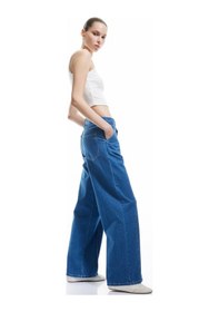 Resim Koton Geniş Paça Kemer Detaylı Pileli Pamuklu Jean Pantolon - Wide Leg Jeans Orta İndigo 5sal40181md Indigo 