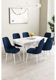 Resim Mabel Beyaz Mermer Desen 80x132 Açılabilir Yemek Odası Takımı 6 Adet Sandalye Lacivert 