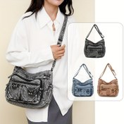 Resim Vintage Kadın Küçük Tote Çanta - Ayarlanabilir Omuz Askısı ve Fermuarlı Kapatma, Açık Kahverengi/Mavi/Siyah, Çoklu Cepli Günlük Kullanım, Alışveriş, Hediye, Dokulu Kumaş 