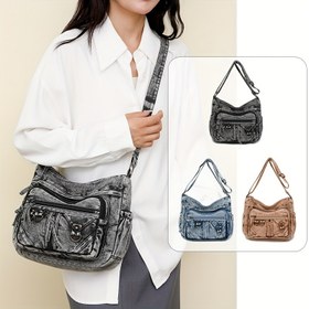 Resim Vintage Kadın Küçük Tote Çanta - Ayarlanabilir Omuz Askısı ve Fermuarlı Kapatma, Açık Kahverengi/Mavi/Siyah, Çoklu Cepli Günlük Kullanım, Alışveriş, Hediye, Dokulu Kumaş 